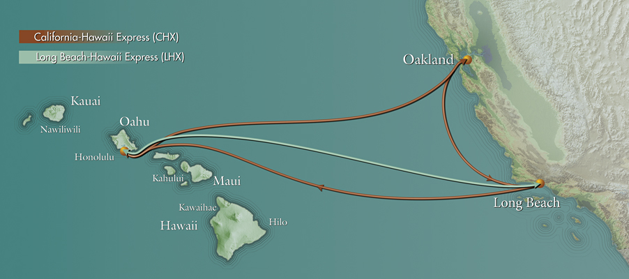 Pasha Hawaii's Container Shipping routes between the Mainland US and Hawaii.
