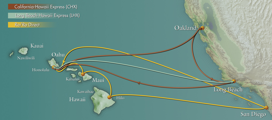 Pasha's container shipping and vehicle shipping routes between Mainland US and Hawaii 