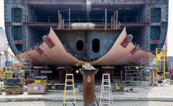 Tail end view showing the multiple levels of the Pasha Hawaii's Marjorie C vessel