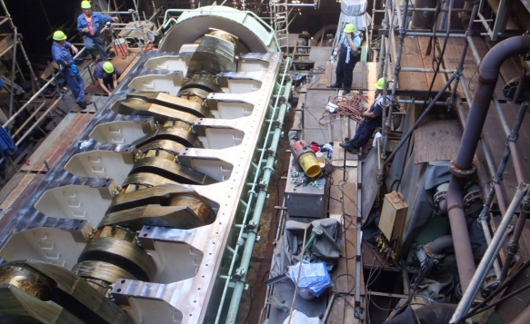 Engineers pause for a break during the construction of the Marjorie C vessel