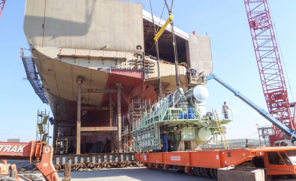 Workers continue to  build Pasha Hawaii's MV Marjorie C vessel
